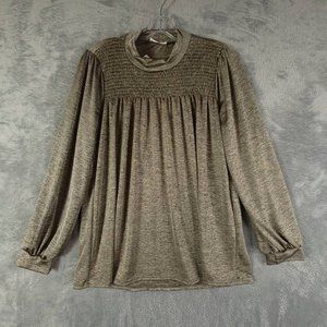 Pro Blue Womens Blouse Gold Burnout Long Sleeve Mock Neck Stretch Pullover L New